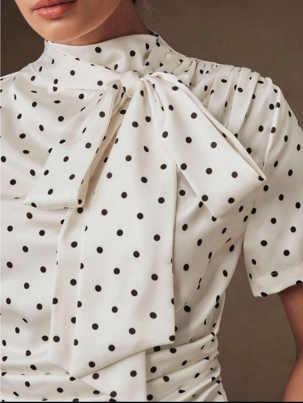 Classic Elegant Polka Dot Bow Tie Neck Short Sleeve Work Office Top Blouse Shirt